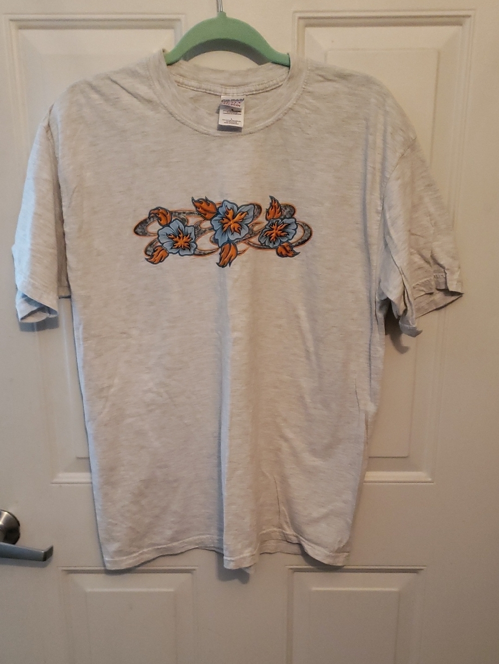 Gildan Light Gray Short-Sleeve Tee with Blue & Orange Floral Graphic